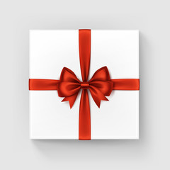 White Square Gift Box with Red Bow and Ribbon
