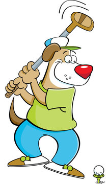 Cartoon illustration of a dog swinging a golf club.