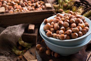 Hazelnuts on rustic wooden background