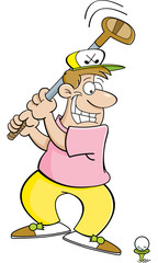 Cartoon illustration of a man hitting a golf ball.