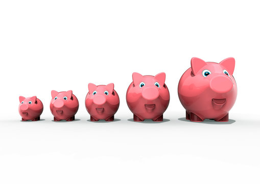  A row of piggy banks / 3D render image representing a row of piggy banks 