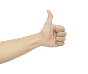 male hand showing thumbs up sign against white background