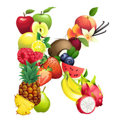 Vector Illustration Letter K composed of different fruits with leaves
