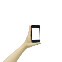 Woman hand holding the black smartphone with blank screen, isola
