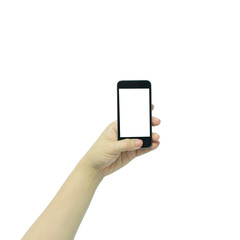 Woman hand holding the black smartphone with blank screen, isola
