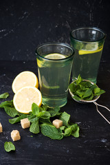 Fresh green mint in the background cup of tea