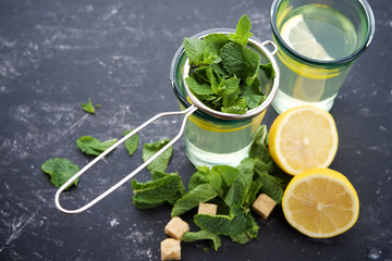 Fresh green mint in the glass of tea