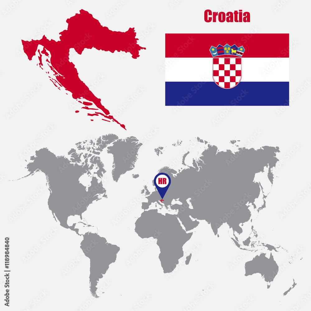 Poster croatia map on a world map with flag and map pointer. vector illustration