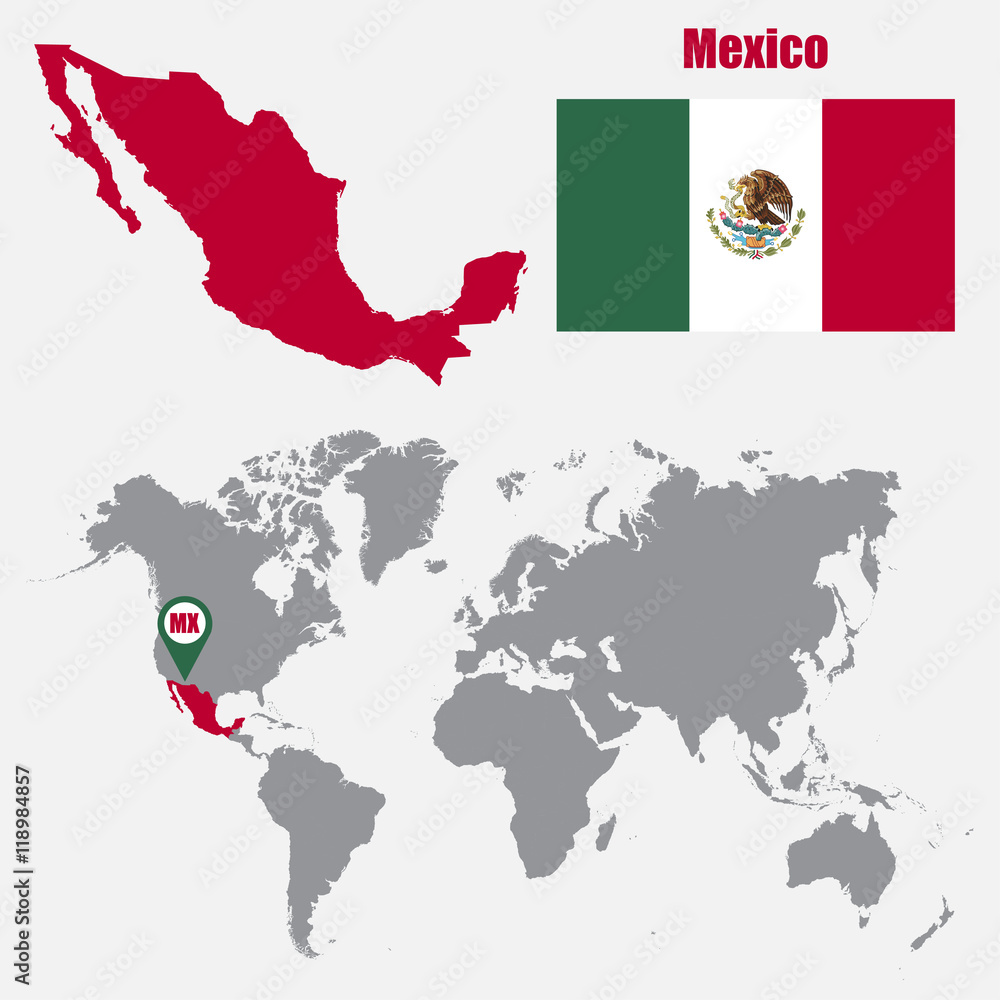 Poster Mexico map on a world map with flag and map pointer. Vector illustration
