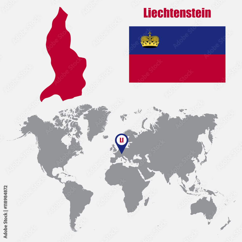 Poster liechtenstein map on a world map with flag and map pointer. vector illustration