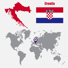 Fototapeta premium Croatia map on a world map with flag and map pointer. Vector illustration