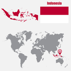 Indonesia map on a world map with flag and map pointer. Vector illustration
