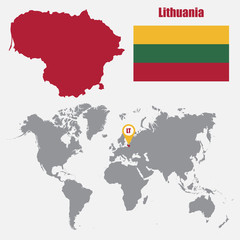 Lithuania map on a world map with flag and map pointer. Vector illustration