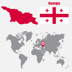 Georgia map on a world map with flag and map pointer. Vector illustration
