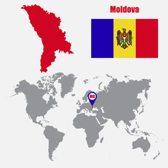 Moldova map on a world map with flag and map pointer. Vector illustration