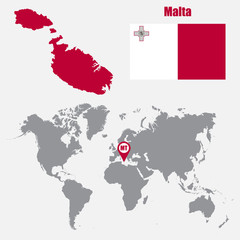 Malta map on a world map with flag and map pointer. Vector illustration