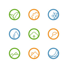 Round vector outline icon set - leaves, gear, drop, snowflake, tree, weather, mountains, house and waves