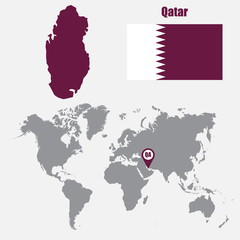 Qatar map on a world map with flag and map pointer. Vector illustration