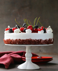 festive cake red velvet decorated with fresh berries 