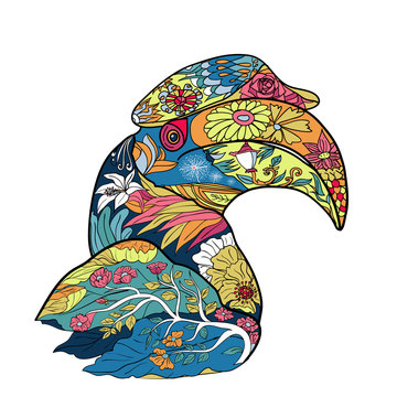 recommend clip art: Line art and coloring of great hornbill bird