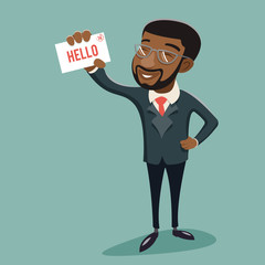 African Businessman Character Presentation Demonstration Call Card Greeting Banking Vintage Hand Icon on Stylish Background Retro Cartoon Design Vector Illustration