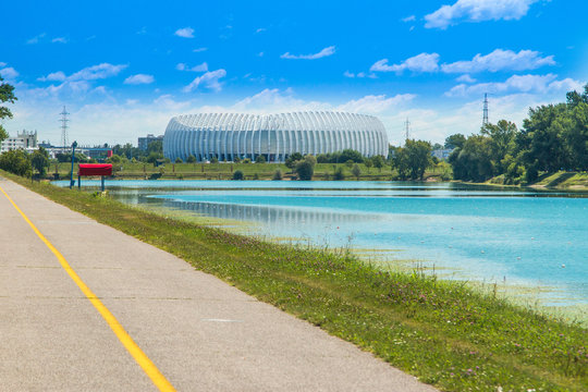     Jarun lake in Zagreb, Croatia, sunny summer day, Zagreb arena in background 