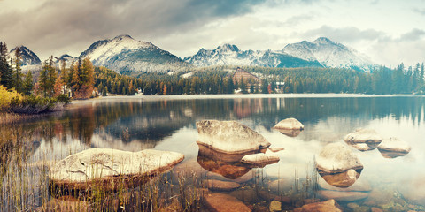 beautiful autumn morning over a mountain lake Strbske Pleso,Tatr