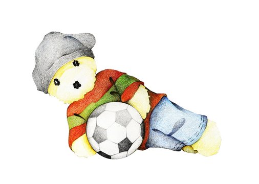 Hand Drawn of Cute Teddy Bear Playing Soccer Ball