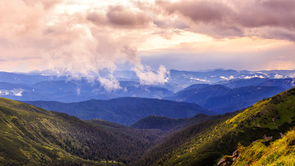 Picturesque and dramatic Carpathian mountains landscape, sunset evening time, Ukraine.