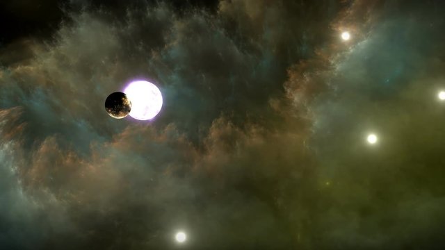 Space flight through nebula. Neutron star or pulsar in nebula
