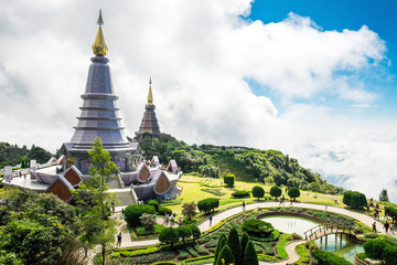 Obraz premium Phra Maha Dhatu Nabha Metaneedol, two pagoda landmark in valley
