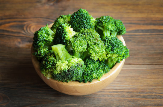 Fresh broccoli in wooden bowl