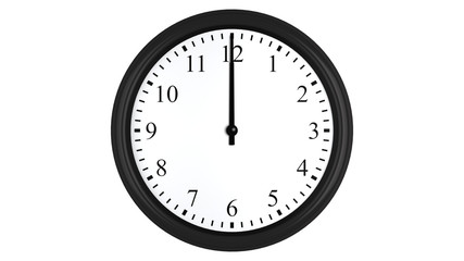 Realistic 3D render of a wall clock set at 12 o'clock, isolated on a white background.