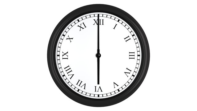 Realistic 3D render of a wall clock with Roman numerals set at 6 o'clock, isolated on a white background.