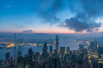 Famed skyline of Hong Kong from Victoria Peak in a foggy morning