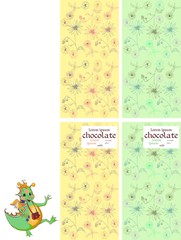 Fototapeta na wymiar Collection of chocolate packaging with happy dragon on floral background. Childish design. Vector set.