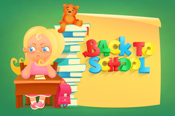 Sad girl sitting at table. Back to school concept