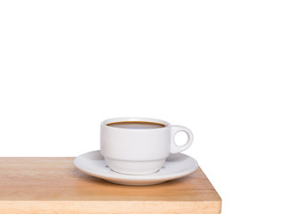 Wooden table and cup of coffee isolated