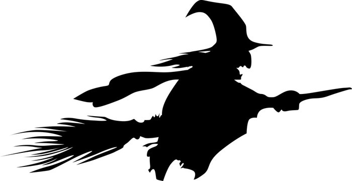 Vector black silhouette of a beautiful witch on a broomstick isolated on a white background. illustration