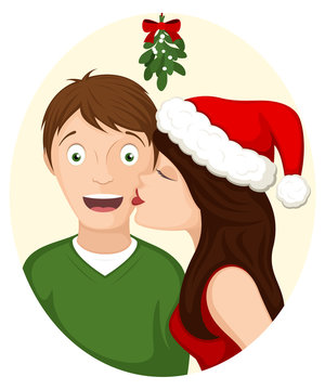 Vector illustration of a cartoon couple kissing beneath holiday mistletoe.  Stock Vector | Adobe Stock
