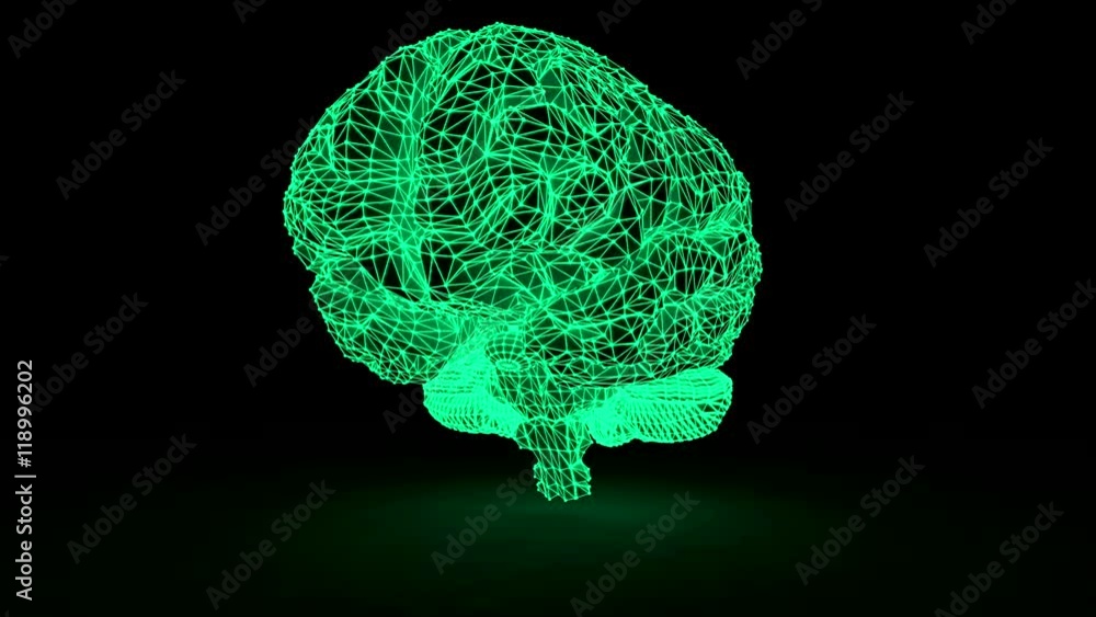 Poster the brain of a polygonal mesh glowing. a computer model of the brain.