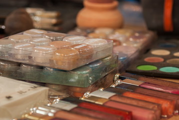 Make-up artist tools set on wooden table