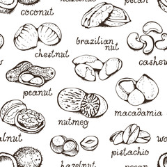 Nuts seamless pattern, hand drawn vector food illustration
