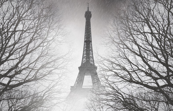Fototapeta Rain in Paris - black and white picture. Mysterious picture. 