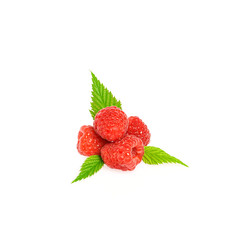 Fresh raspberry with green raspberry leaves isolated on white
