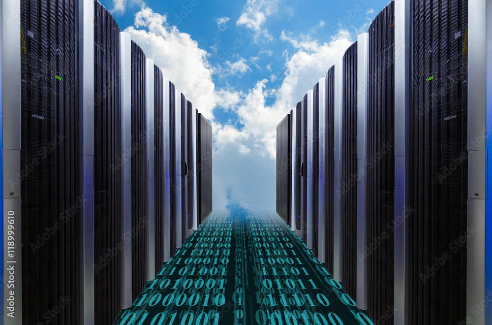 Poster data servers resting on clouds in blue in a cloudy sky