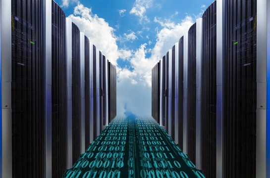 Data servers resting on clouds in blue in a cloudy sky