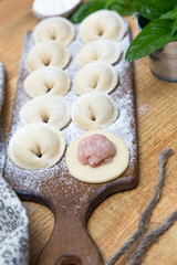 Making meat dumplings. Traditional russian food.
