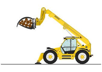 Telescopic handler with log and pipe grapple on a white background. Flat vector
