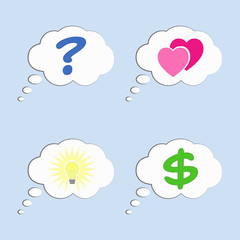 Set of vector thought bubbles with different signs on the blue background